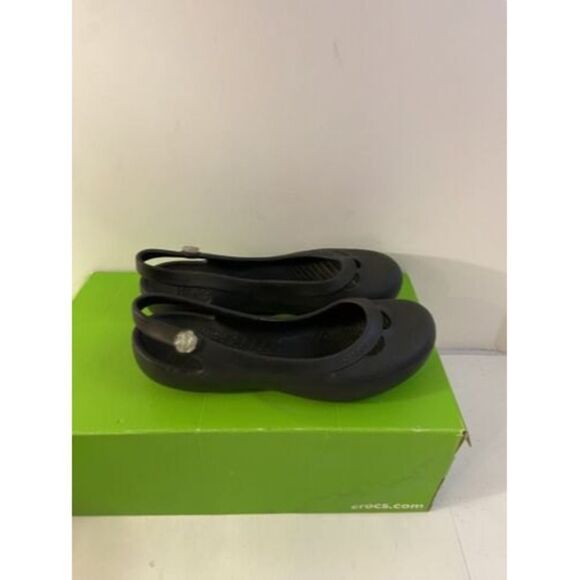 Crocs Womens Size 7 Black Round Toe Rubber Slingback Ballet Flats w/Flower - Picture 1 of 5
